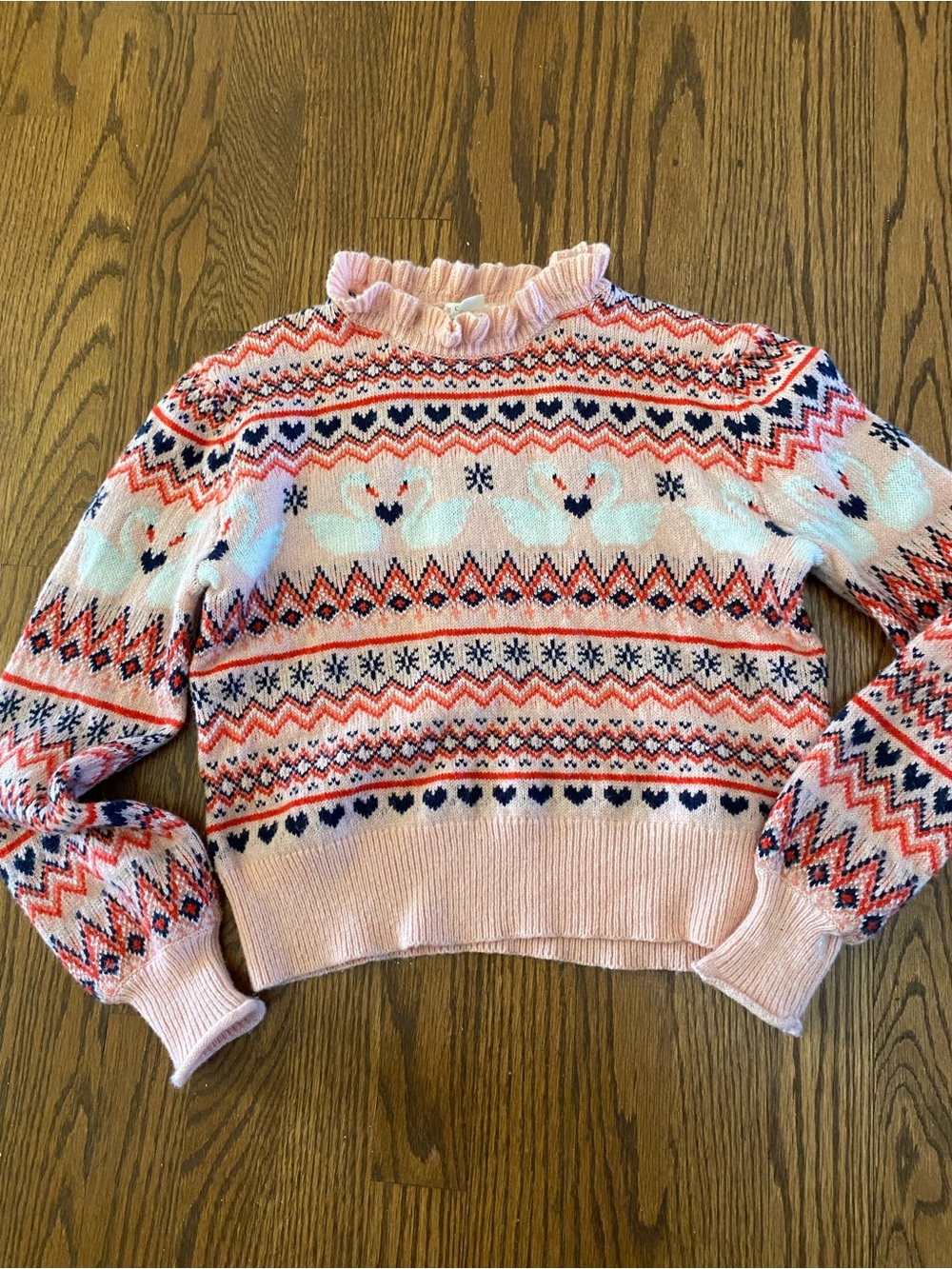 Crewcuts Peach Fair Isle Swan Ruffle Neck Sweater